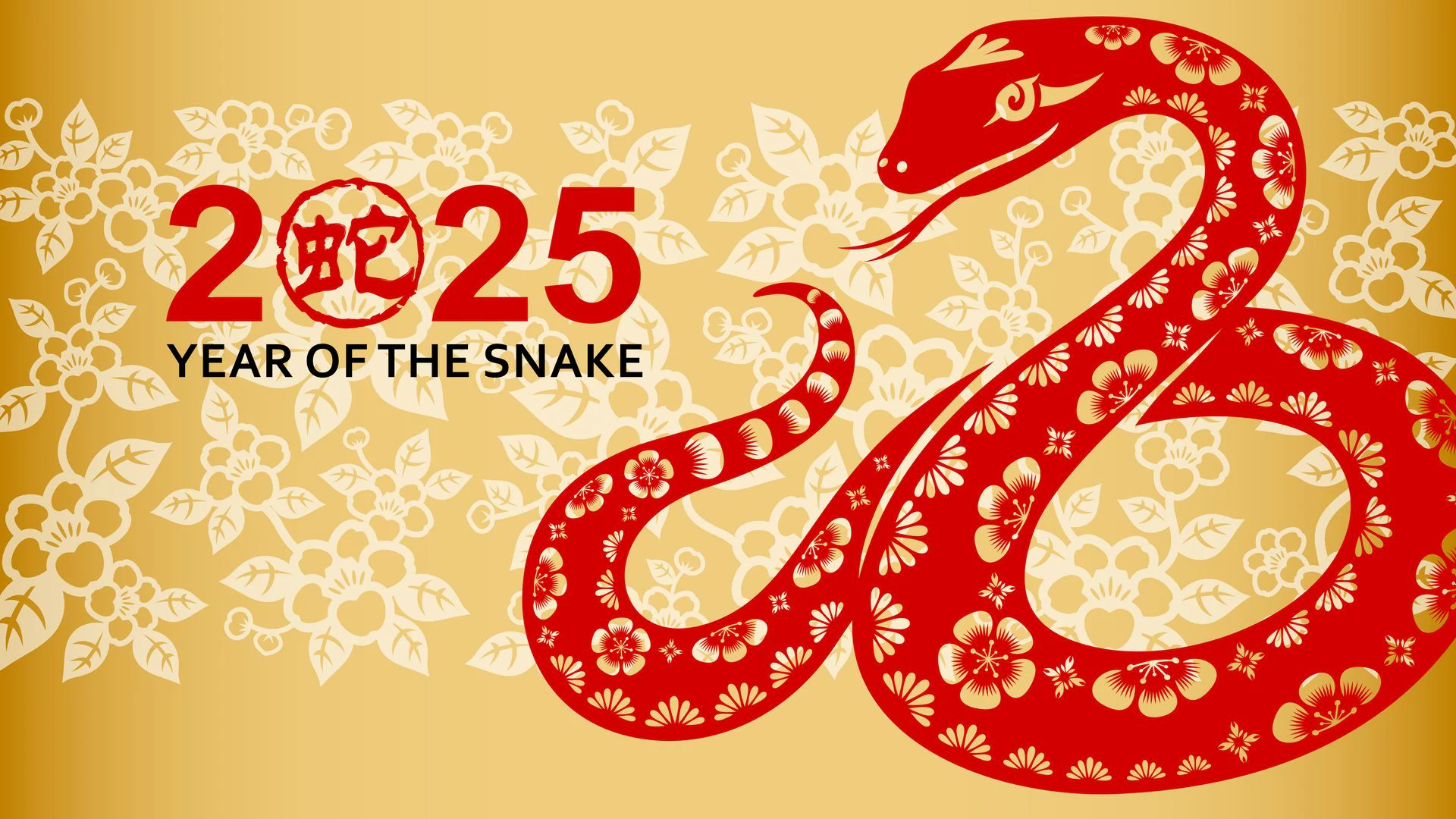 Illustration of a red snake adorned with floral patterns, symbolizing the Year of the Snake for 2025. The background features a golden floral design, with the text ‘2025 Year of the Snake’ in bold red and black letters, celebrating the Lunar New Year.