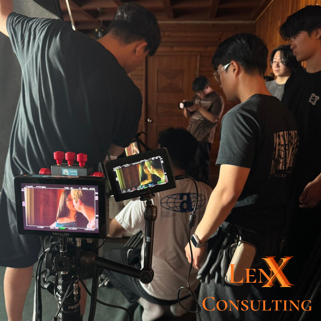 Behind-the-scenes look at LenX Consulting’s commercial film production team setting up a scene, showcasing their creative process and high-end equipment for capturing compelling brand stories.